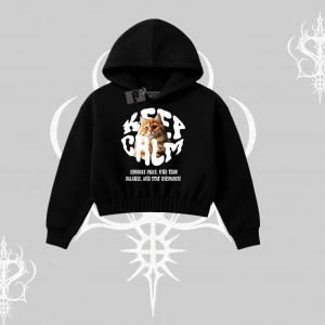 Keep Calm Yazılı Kedi Baskılı Streetwear Kapşonlu Crop Sweatshirt