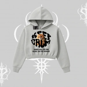 Keep Calm Yazılı Kedi Baskılı Streetwear Kapşonlu Crop Sweatshirt
