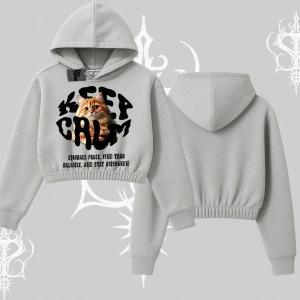 Keep Calm Yazılı Kedi Baskılı Streetwear Kapşonlu Crop Sweatshirt