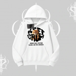 Keep Calm Yazılı Kedi Baskılı Streetwear Kapşonlu Sweatshirt