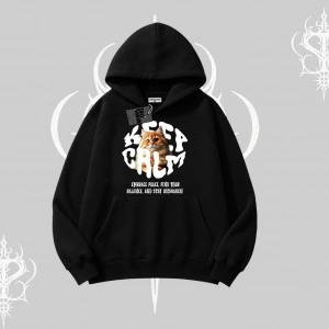 Keep Calm Yazılı Kedi Baskılı Streetwear Kapşonlu Sweatshirt