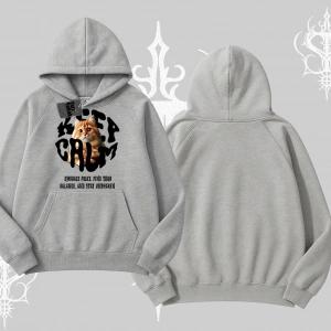Keep Calm Yazılı Kedi Baskılı Streetwear Kapşonlu Sweatshirt