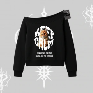 Keep Calm Yazılı Kedi Baskılı Streetwear Kayık Yaka Sweatshirt