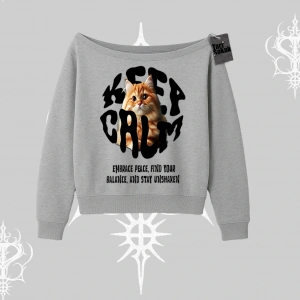 Keep Calm Yazılı Kedi Baskılı Streetwear Kayık Yaka Sweatshirt
