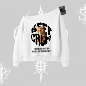 Keep Calm Yazılı Kedi Baskılı Streetwear Kayık Yaka Sweatshirt