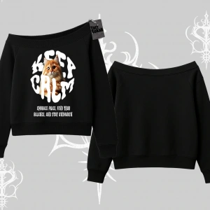 Keep Calm Yazılı Kedi Baskılı Streetwear Kayık Yaka Sweatshirt