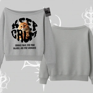 Keep Calm Yazılı Kedi Baskılı Streetwear Kayık Yaka Sweatshirt