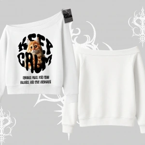 Keep Calm Yazılı Kedi Baskılı Streetwear Kayık Yaka Sweatshirt