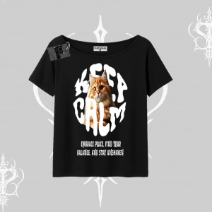 Keep Calm Yazılı Kedi Baskılı Streetwear Kayık Yaka Tshirt