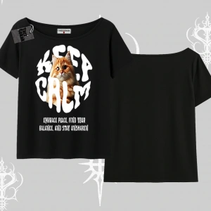 Keep Calm Yazılı Kedi Baskılı Streetwear Kayık Yaka Tshirt