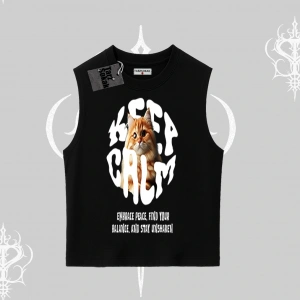 Keep Calm Yazılı Kedi Baskılı Streetwear Kolsuz Tshirt