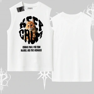 Keep Calm Yazılı Kedi Baskılı Streetwear Kolsuz Tshirt