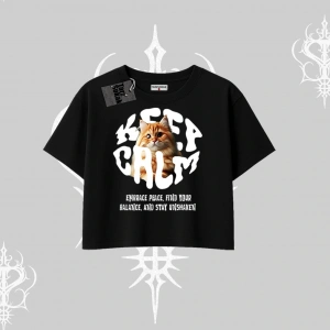 Keep Calm Yazılı Kedi Baskılı Streetwear Oversize Crop Tshirt