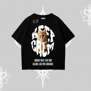 Keep Calm Yazılı Kedi Baskılı Streetwear Oversize Tshirt