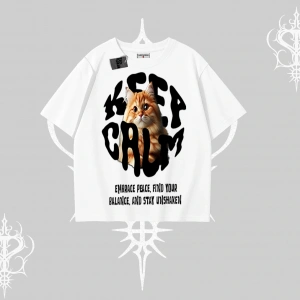 Keep Calm Yazılı Kedi Baskılı Streetwear Oversize Tshirt