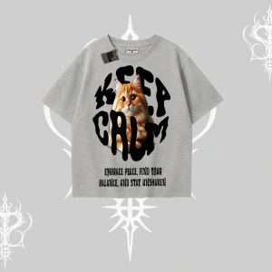Keep Calm Yazılı Kedi Baskılı Streetwear Oversize Tshirt
