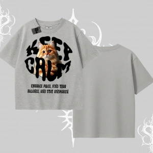 Keep Calm Yazılı Kedi Baskılı Streetwear Oversize Tshirt