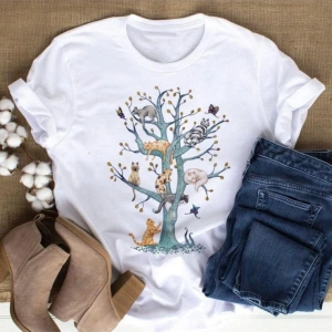 Kırmızı Etiket Kedi Desenli Kadın T-shirt Mod73 08570