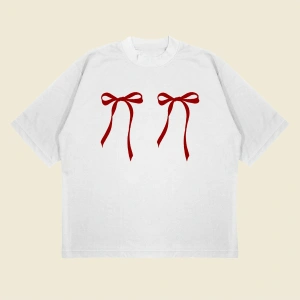 Kırmızı Fiyonk Baskılı Oversize Unisex Pamuklu Nefes Alan Kalın Kumaşlı