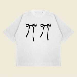 Kırmızı Fiyonk Baskılı Oversize Unisex Pamuklu Nefes Alan Kalın Kumaşlı