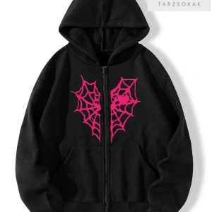 Kırmızı Kalp Örümcek Ağ Sweatshirt Fermuarlı Hırka