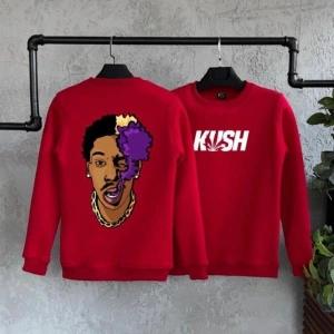 Kırmızı Oversize Kush Baskılı Pamuklu Unisex Kapşonsuz Sweatshirt