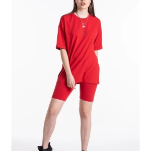 Kırmızı Renkli, Düz, Kısa Kollu Boyfriend Örme T-shirt