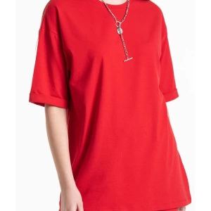 Kırmızı Renkli, Düz, Kısa Kollu Boyfriend Örme T-shirt