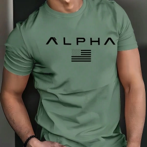 Kişiselleştirilmiş Grafik Kısa Kollu ALPHA ve Minimalist Logo Baskılı Nefes Alabilir Rahat