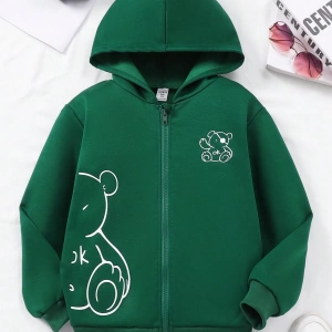 Kız Düz Renk Ayı Baskılı Kapüşonlu Sweatshirt Model 5139
