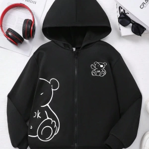 Kız Düz Renk Ayı Baskılı Kapüşonlu Sweatshirt Model 5139
