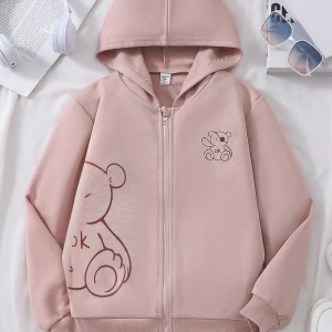Kız Düz Renk Ayı Baskılı Kapüşonlu Sweatshirt Model 5139