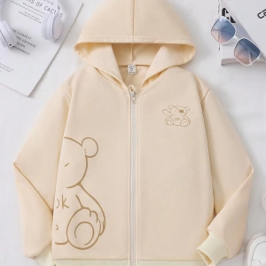 Kız Düz Renk Ayı Baskılı Kapüşonlu Sweatshirt Model 5139