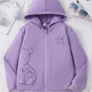 Kız Düz Renk Ayı Baskılı Kapüşonlu Sweatshirt Model 5139