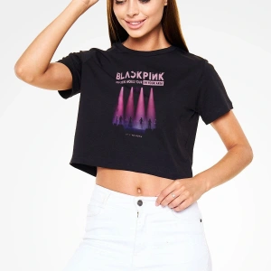 Ko Buta Black Pink Baskılı Kadın Siyah Crop Top Tişört Ct18561