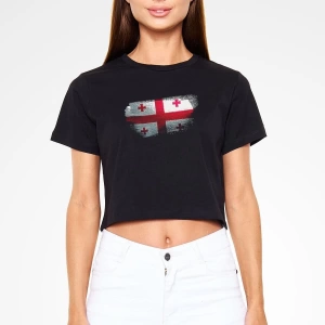 Ko Buta Gürcistan - Georgia Bayrağı Baskılı Kadın Crop Top Siyah Tişört Ct21113
