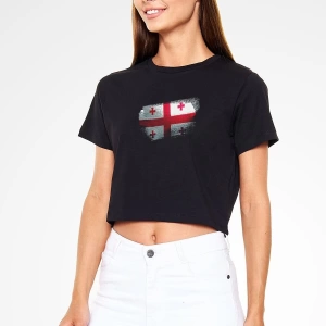 Ko Buta Gürcistan - Georgia Bayrağı Baskılı Kadın Crop Top Siyah Tişört Ct21113