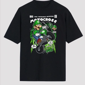 Ko Buta Luigi Motocross Baskılı Unisex Siyah Oversize Tişört Os17889