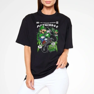 Ko Buta Luigi Motocross Baskılı Unisex Siyah Oversize Tişört Os17889