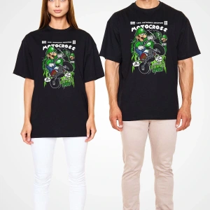 Ko Buta Luigi Motocross Baskılı Unisex Siyah Oversize Tişört Os17889
