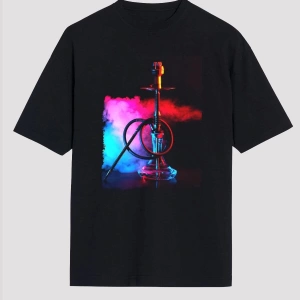 Ko Buta Nargile Baskılı Unisex Siyah Oversize T-shirt Os9944