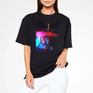 Ko Buta Nargile Baskılı Unisex Siyah Oversize T-shirt Os9944