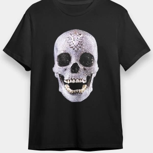 Ko Buta Pırlanta Taşlı Kurukafa Baskılı Unisex Siyah Tişört T14592