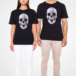 Ko Buta Pırlanta Taşlı Kurukafa Baskılı Unisex Siyah Tişört T14592