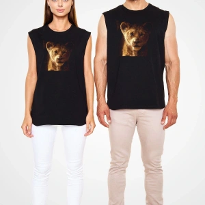 Ko Buta Unisex Aslan Kral Baskılı Siyah Kolsuz T-shirt Kk19383
