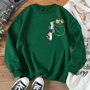 KOD ADR-SHEN EZwear Cartoon Graphic Lined Sweatshirt Yeşil