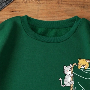 KOD ADR-SHEN EZwear Cartoon Graphic Lined Sweatshirt Yeşil