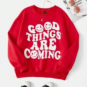 KOD ADR-SHEN EZwear Dopamine Dressing Slogan & Cartoon Face Print Drop Shoulder Sweatshirt
