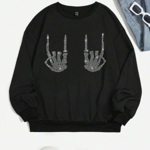 KOD ADR-SHEN EZwear Rhinestone Skeleton Finger Pattern Drop Shoulder Sweatshirt Siyah