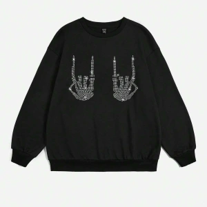 KOD ADR-SHEN EZwear Rhinestone Skeleton Finger Pattern Drop Shoulder Sweatshirt Siyah